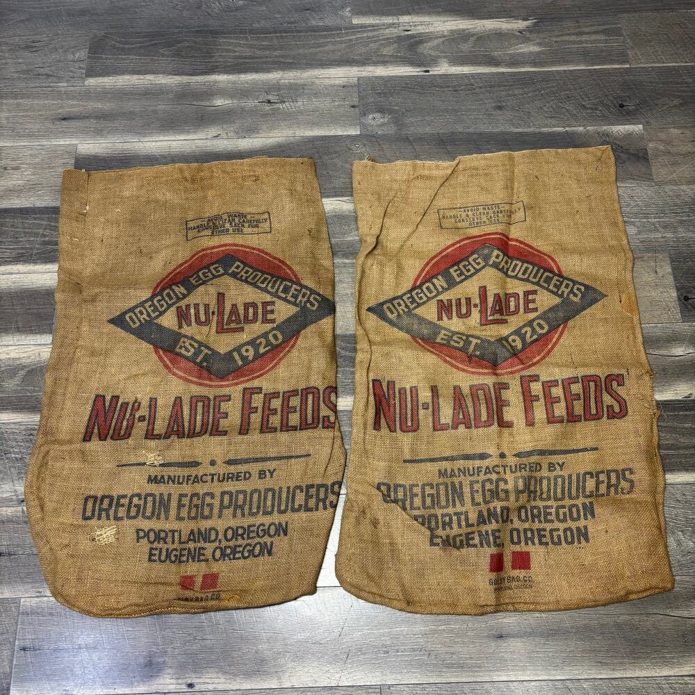Vintage Oregon Egg Producers Nu-Lade Feeds Burlap Sacks Set of 2